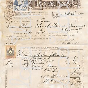 May include: A vintage receipt from Koestlin & Co., a cake, biscuit, and chocolate factory in Raab, Austria. The receipt is dated 1915 and lists various items purchased, including "Hafenicht", "Biccolen gross", "Perlen du Sapon", and "gevend parisien". The total cost is 3.435 Kronen.