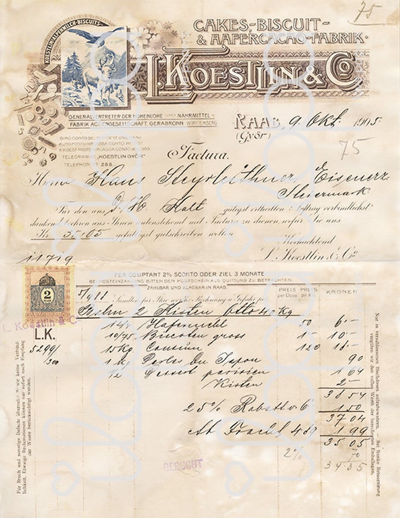 May include: A vintage receipt from Koestlin & Co., a cake, biscuit, and chocolate factory in Raab, Austria. The receipt is dated 1915 and lists various items purchased, including "Hafenicht", "Biccolen gross", "Perlen du Sapon", and "gevend parisien". The total cost is 3.435 Kronen.