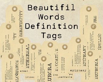 Digital Vintage Beautiful Words Definition Tags Collage Sheet Ephemera