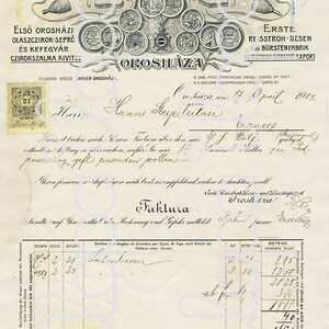 May include: A vintage invoice from Tafler Jakab, a company that makes brooms and brushes, dated April 17, 1903. The invoice is addressed to Hanns Steypleitner in Orosh&aacute;za, Hungary. The invoice lists the items purchased, the quantity, and the price in Austrian Kronen.