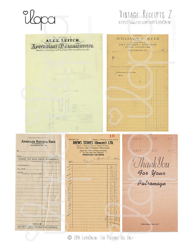 digital vintage receipts printable ephemera vintage guest