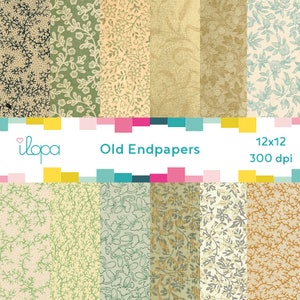 May include: A set of 12 digital papers featuring vintage floral patterns in shades of green, blue, and brown. The papers are 12x12 inches and 300 dpi. The text "Old Endpapers" is displayed in the center of the image.