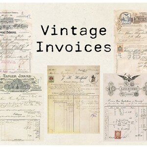 May include: A collage of vintage invoices with handwritten text and decorative borders. The invoices are from different businesses and include details like dates, quantities, and prices. The title "Vintage Invoices" is written in bold black letters at the top of the image.