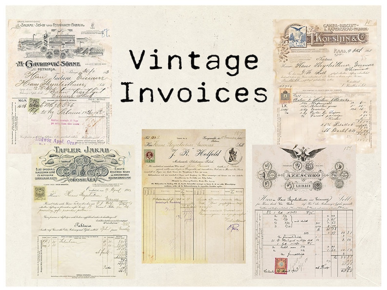 May include: A collage of vintage invoices with handwritten text and decorative borders. The invoices are from different businesses and include details like dates, quantities, and prices. The title "Vintage Invoices" is written in bold black letters at the top of the image.
