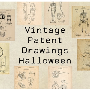 May include: A collage of vintage patent drawings for Halloween costumes and decorations. The drawings include a skeleton, a pumpkin, a witch, and a scarecrow.