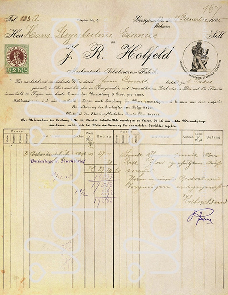 May include: A vintage invoice from a shoe factory dated December 17, 1905. The invoice is addressed to J.R. Holfeld and lists 3 pairs of shoes with a total cost of 1.75 marks. The invoice is printed on a light brown paper with a faded appearance.