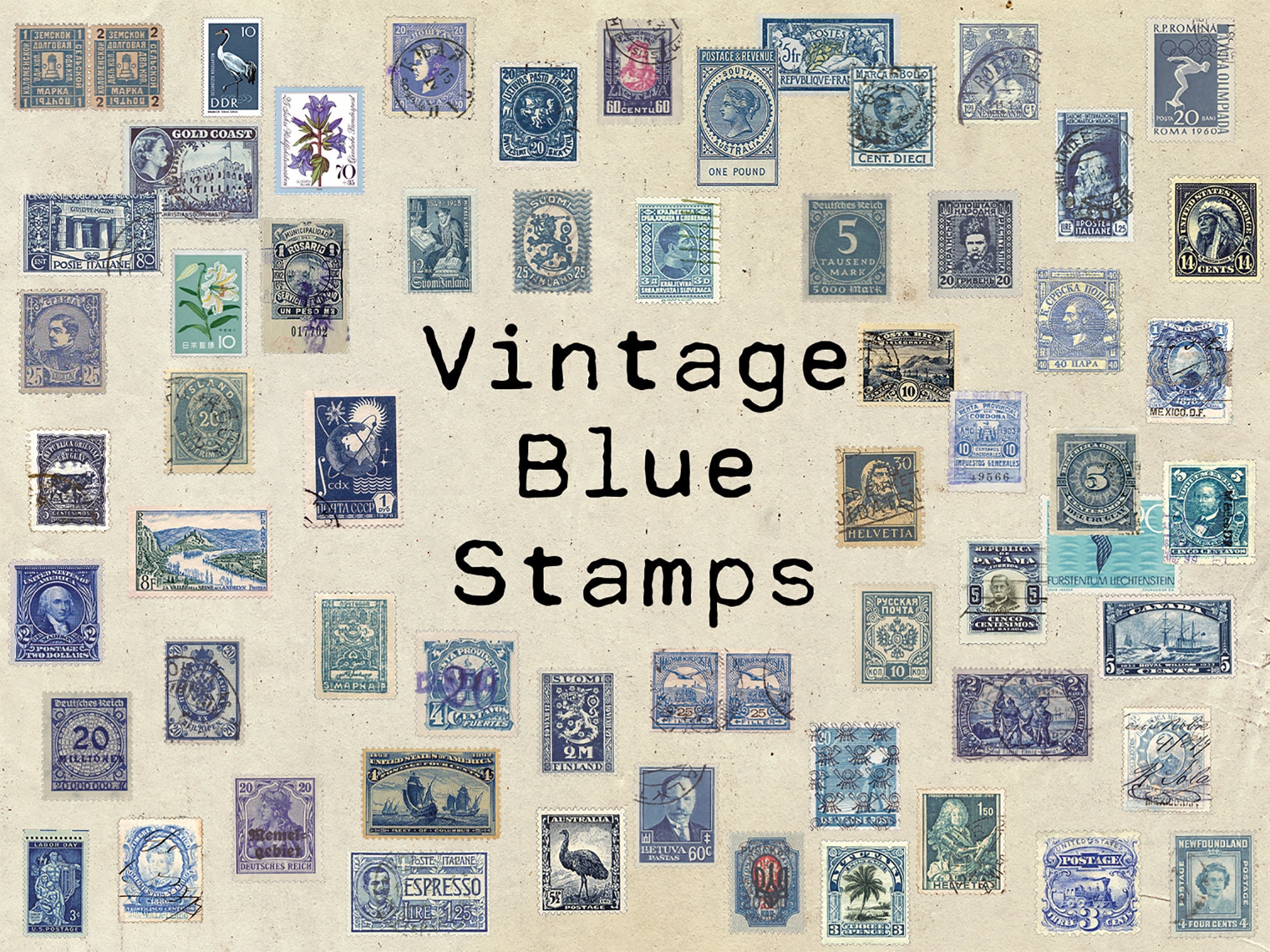 Digital Postage Stamps Vintage Blue Etsy
