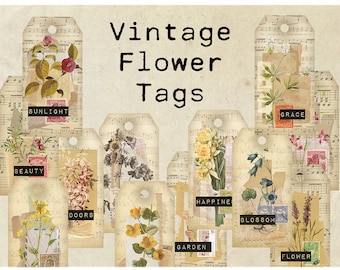 Digital Vintage Flower Tags, vintage ephemera, printable tags, gift tags, Junk Journal embellishment Garden Nature instant download 300 dpi