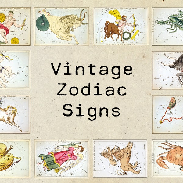 Digital Vintage Zodiac Sign Ephemera Collage Sheet