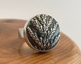 Conifer Leaf Ring - Conifer Sprig - Woodland Inspired - Cypress Tree - Statement Ring -  Unique Gift UK - Nature Cast in Sterling Silver.