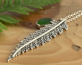 Fern Leaf Pendant Set With Green Sea Glass  - Sterling Silver - Handmade in the UK - Unique Gift - Inspired by Nature - Leaf Jewellery