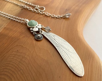 Dragonfly Wing Pendant - Rose Cut Amazonite - Handmade in Sterling Silver - Dragonfly Jewellery - Artisan Made - Summer Necklace - UK