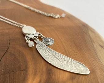 Sterling Silver Dragonfly Wing Pendant  - Rainbow Moonstone - Jewellery - Handmade in UK - Unique Silver Jewellery - Nature Inspired Gift