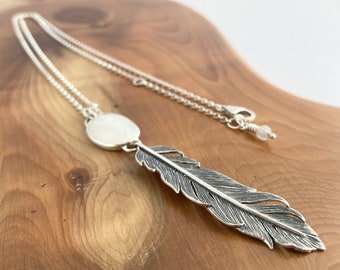 Sterling Silver Feather Pendant Set With Rainbow Moonstone - Engraved by Hand - Silversmith Jewellery UK - Unique Pendant - Hallmarked