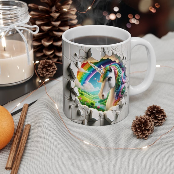 3D Whimsical Unicorn Coffee Mug Breaking Through Hole in Wall Fantasy Gift  Wraparound Art, Ceramic, 11 Oz