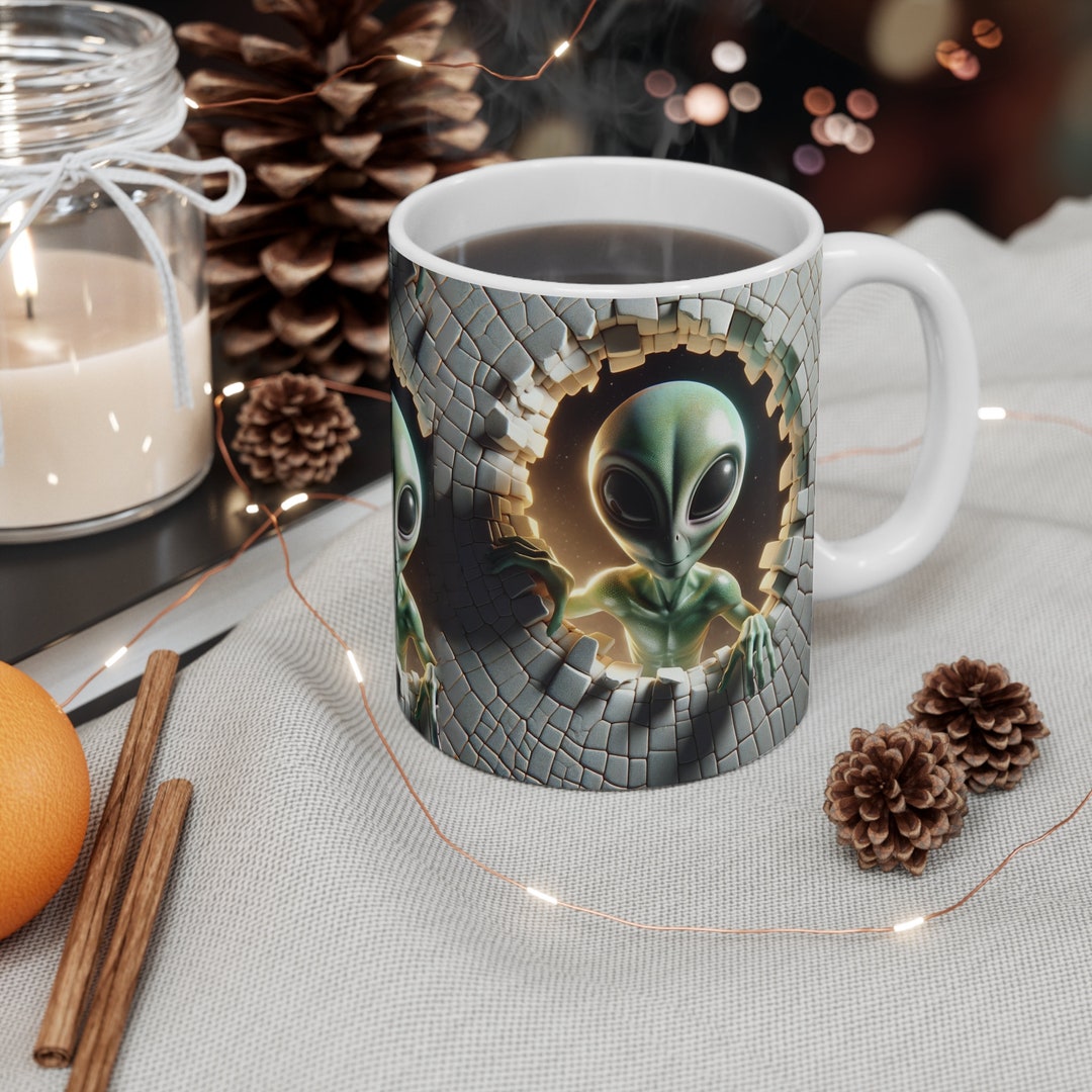 3D Space Alien Coffee Mug Bursting Hole in Wall Invasion Scifi ...