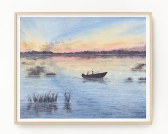 Fishing for Two" Watercolor Painting, Lake Art, Lake home Print, Lake home Gift, Lake Home Art, Fishing art, Fisherman Art