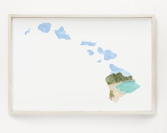 Pintura de acuarela de Hawái, arte del estado de Hawái, impresión del estado de origen, recuerdo de Hawái, arte del mapa de Hawái, impresión artística de Hawái, regalo con forma de Hawái