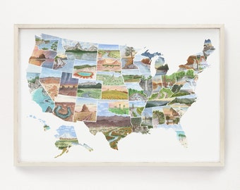 May include: A watercolor illustration of the United States of America, with each state represented by a different landscape scene.