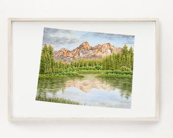 Wyoming Grand Teton Watercolor Print, Grand Teton National Park art, Wyoming State Art, National park paintings