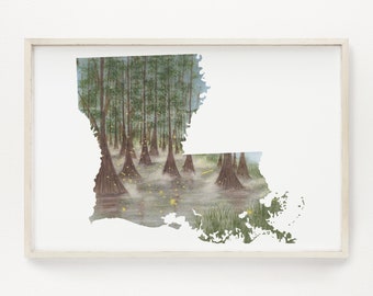 Louisiana Bayou Watercolor Map Print, State Art