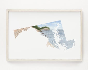 Maryland Calvert Cliffs Watercolor Map Print, State Art