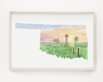 Aquarelle de l&#39;Oklahoma, art de l&#39;État de l&#39;Oklahoma, impression de l&#39;État d&#39;origine, cadeau de l&#39;Oklahoma, souvenir de l&#39;Oklahoma, terres agricoles de l&#39;Oklahoma, impression d&#39;art OK