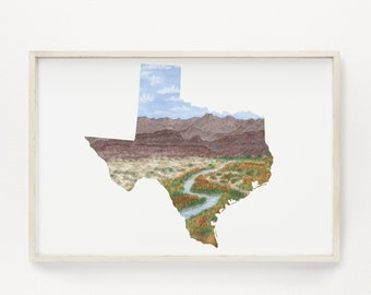 Impression aquarelle du Texas, art de l&#39;État du Texas, peinture du Texas, souvenir du parc national de Big Bend, peinture de forme du Texas, cadeau Texas, cadeau de vacances
