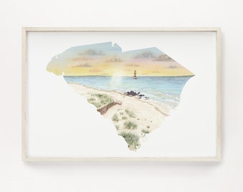 Impression aquarelle de Caroline du Sud, État de Caroline du Sud, art de l&#39;État d&#39;origine, cadeau relation longue distance, art de la carte de la Caroline du Sud, SC Beach