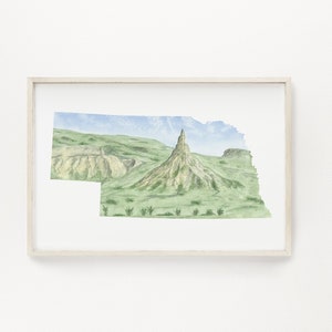 Nebraska Watercolor Painting, Nebraska State Art, Nebraska Map Art, Nebraska Gift, Nebraska Souvenir, Chimney Rock NE, Nebraska Poster