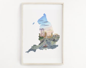 England Watercolor Map Print, London Big Ben Art