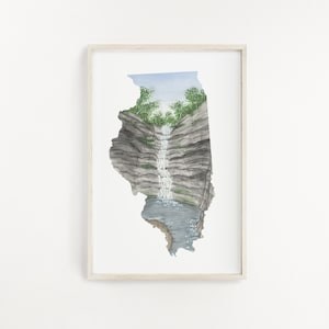 Pittura ad acquerello dell'Illinois, arte dello stato dell'Illinois, stampa della mappa dell'Illinois, regalo dell'Illinois, Starved Rock State Park IL, French Canyon IL