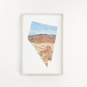 Impression aquarelle du Nevada, parc d'État de la Vallée de feu, art de l'État du Nevada, art de l'État de la maison, art de la carte du Nevada, affiche de carte du Nevada, cadeau interurbain