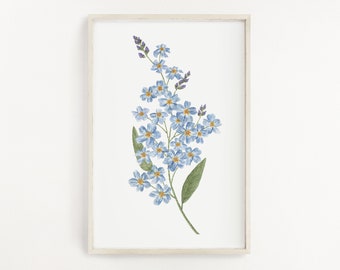 Impression de myosotis, peinture aquarelle myosotis, fleurs bleues, impression d'art floral, peinture fleurs bleues, aquarelles botaniques