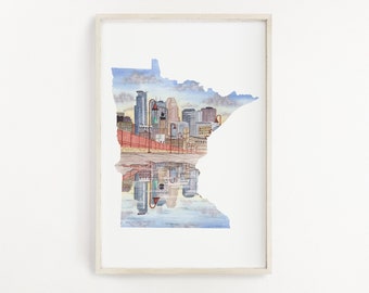 Lámina de acuarela de paisaje urbano de Minnesota, decoración del estado de Minnesota, arte de Minneapolis
