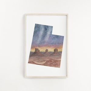 Utah-aquarel, Utah State Art, Utah-kaartafdruk, Utah-cadeau, Utah-souvenir, Monument Valley-afdruk, Monument Valley UT