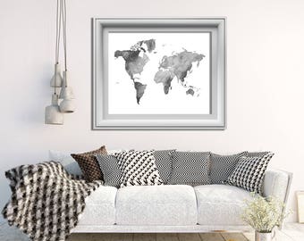 Black and White Watercolor World Map Print