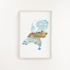 impression aquarelle des Pays-Bas, art néerlandais, peinture de La Haye, La Haye aux Pays-Bas, impression de carte des Pays-Bas