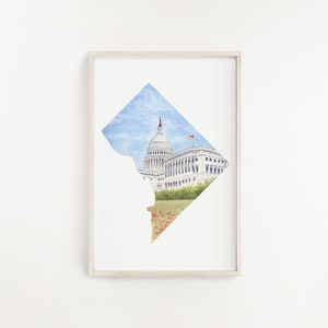 DC aquarel print, Washington DC kunst, district van Colombia kunst, DC kaart kunst, Washington DC schilderij
