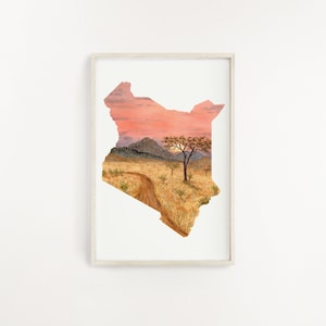Impresión de acuarela de Kenia, arte de Kenia, pintura de Kenia, Parque Nacional Tsavo East, arbusto africano, recuerdo de Safari