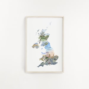 UK Aquarell Druck, Vereinigtes Königreich Malerei, UK Malerei, UK Karte, Länder des Vereinigten Königreichs, Nordirland, England, Schottland, Wales