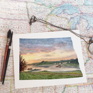 North Dakota Watercolor Print, North Dakota lake scene Art,  North Dakota Print Gift, ND State, North Dakota State Shape painting