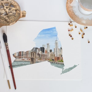 Impresión de acuarela de la ciudad de Nueva York, Arte del Estado de Nueva York, Puente de Brooklyn de Nueva York, Manhattan NY, Pintura de Nueva York, Impresión de Nueva York, Arte de Nueva York