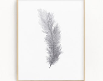 Gray Watercolor Feather Print, Boho Home Decor
