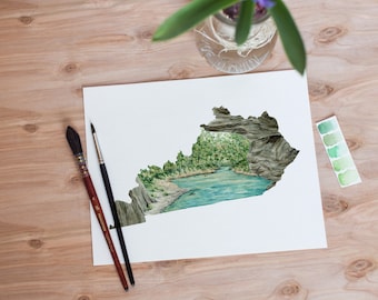 Kentucky Watercolor Map Print, Mammoth Cave National Park