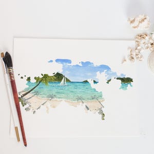 Impressão em aquarela das Ilhas Virgens, lembrança do parque nacional das Ilhas Virgens, Ilha de St. John, praia nas Ilhas Virgens