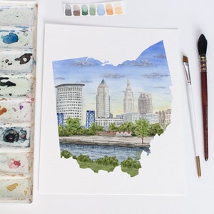 Ohio Watercolor Print, Cleveland print, Cleveland Cityscape, Home State Art, Cleveland OH, Ohio map art, Ohio Map Poster, Ohio Art