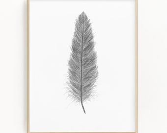 Gray Feather Watercolor Print, Boho Wall Art