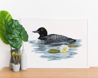 Loon and Water Lily Print | Minnesota State Bird Watercolor Painting