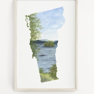 Vermont aquarel print, Mallets Bay VT, Vermont State Art, Home State Art, Vermont kaart kunst, Vermont kaart poster, lange afstand cadeau